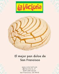 Tarjeta o póster impreso de La Victoria con una ilustración de concha y las palabras “El mejor pan dulce / San Francisco”.